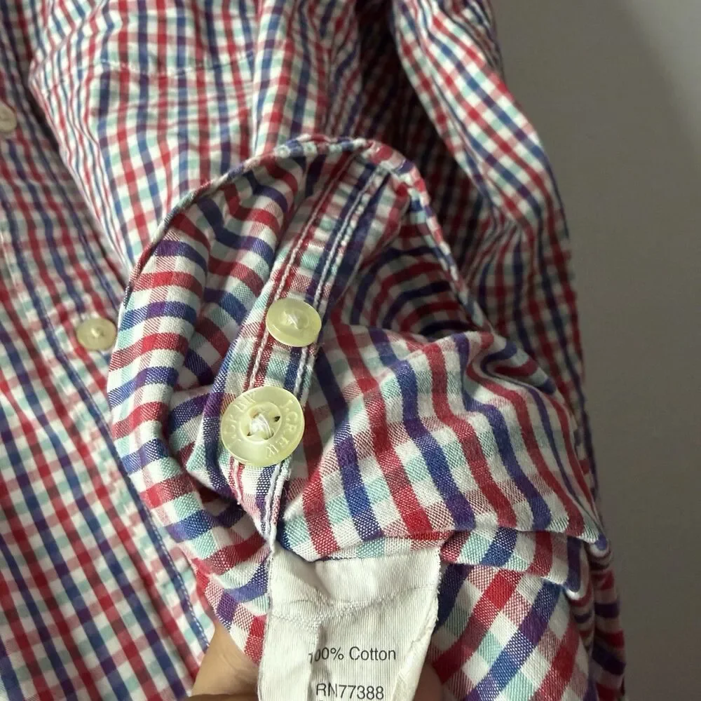 J. Crew Red, White, & Blue Gingham Cotton Slim Button Up Dress Shirt Medium